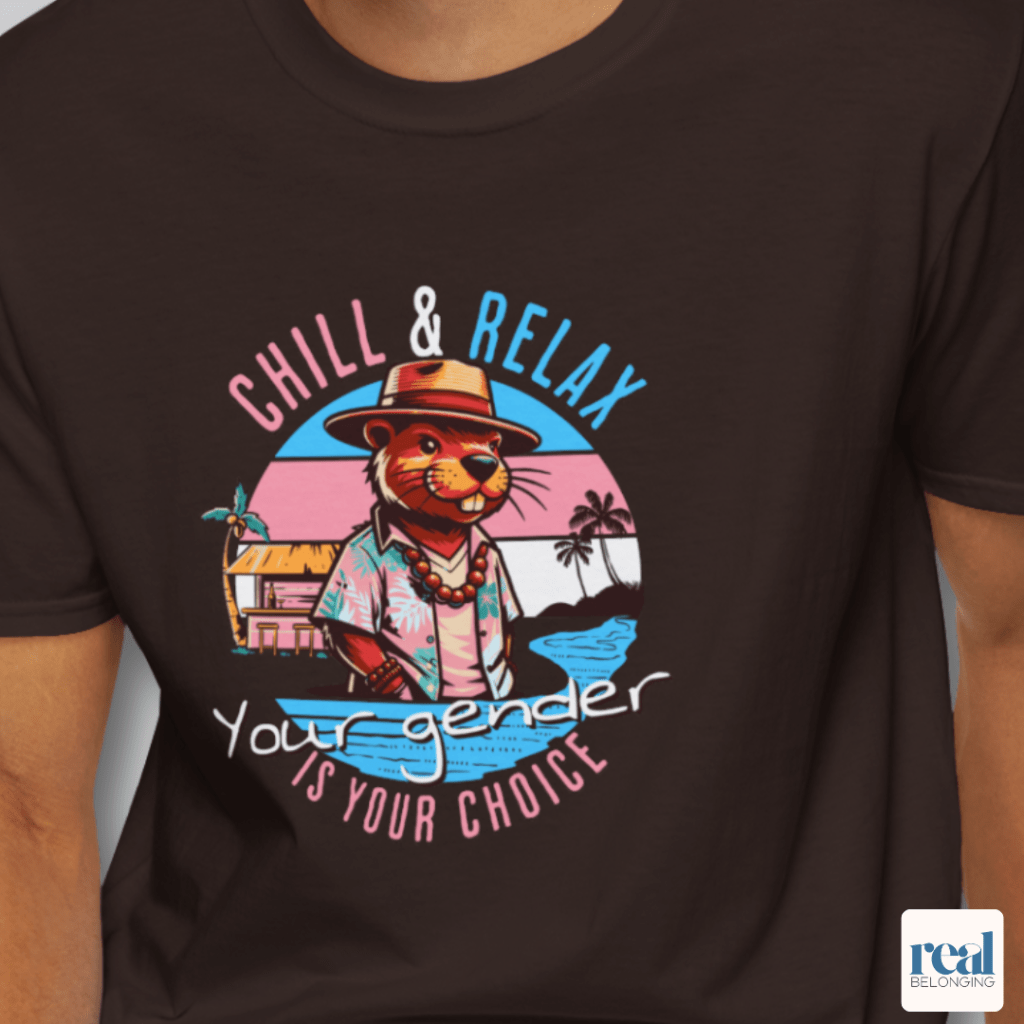 "Chill and Relax: Your gender is your choice" t-shirt in trans flag colors with a beach-loving groundhog