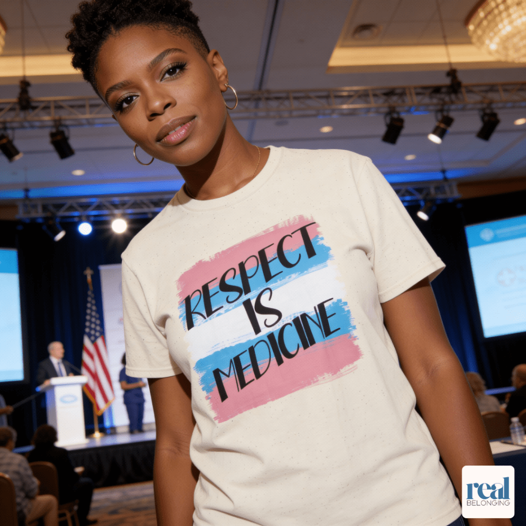 Respect is Medicine text over trans flag on t-shirt
